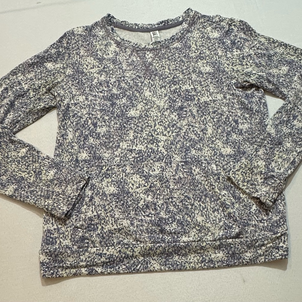 Athleta Girl Cozy Pullover Sweatshirt XXL 16 Blue Cream Speckled Kangaroo Pocket